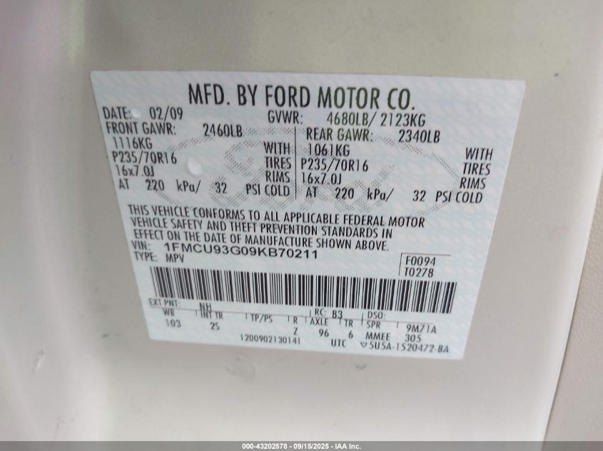 2009 Ford Escape Xlt VIN: 1FMCU93G09KB70211 Lot: 43202578