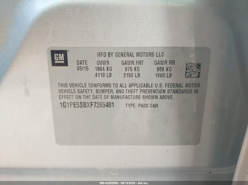 2015 Chevrolet Cruze 2Lt Auto VIN: 1G1PE5SBXF7265481 Lot: 43202598