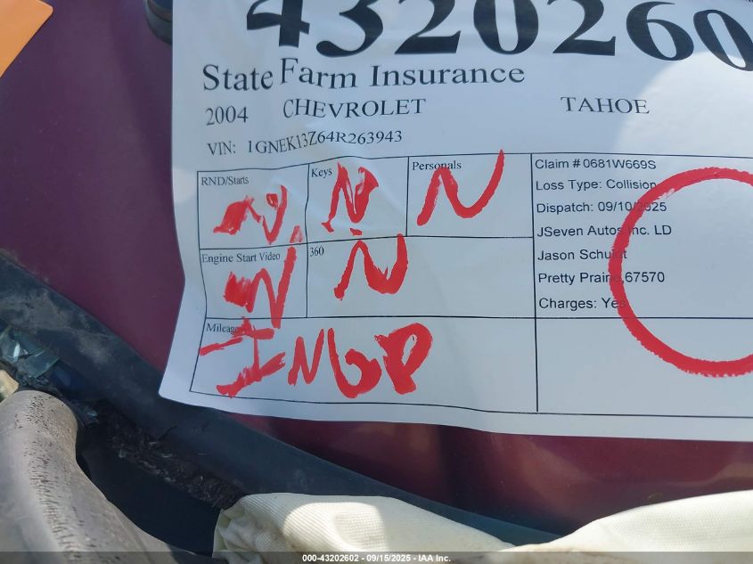 2004 Chevrolet Tahoe Lt VIN: 1GNEK13Z64R263943 Lot: 43202602