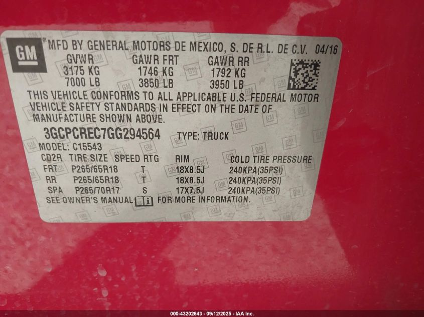 2016 Chevrolet Silverado 1500 1Lt VIN: 3GCPCREC7GG294564 Lot: 43202643