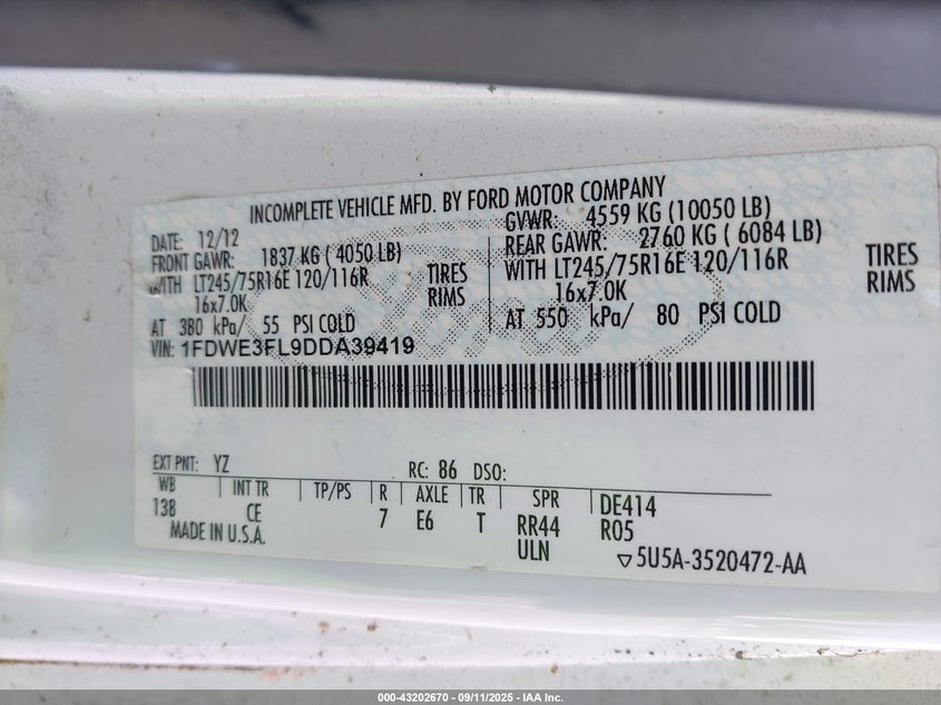 2013 Ford E-350 Cutaway VIN: 1FDWE3FL9DDA39419 Lot: 43202670