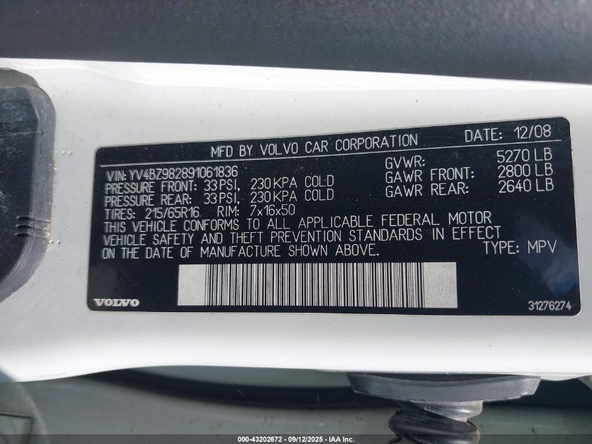 2009 Volvo Xc70 3.2 VIN: YV4BZ982891061836 Lot: 43202672