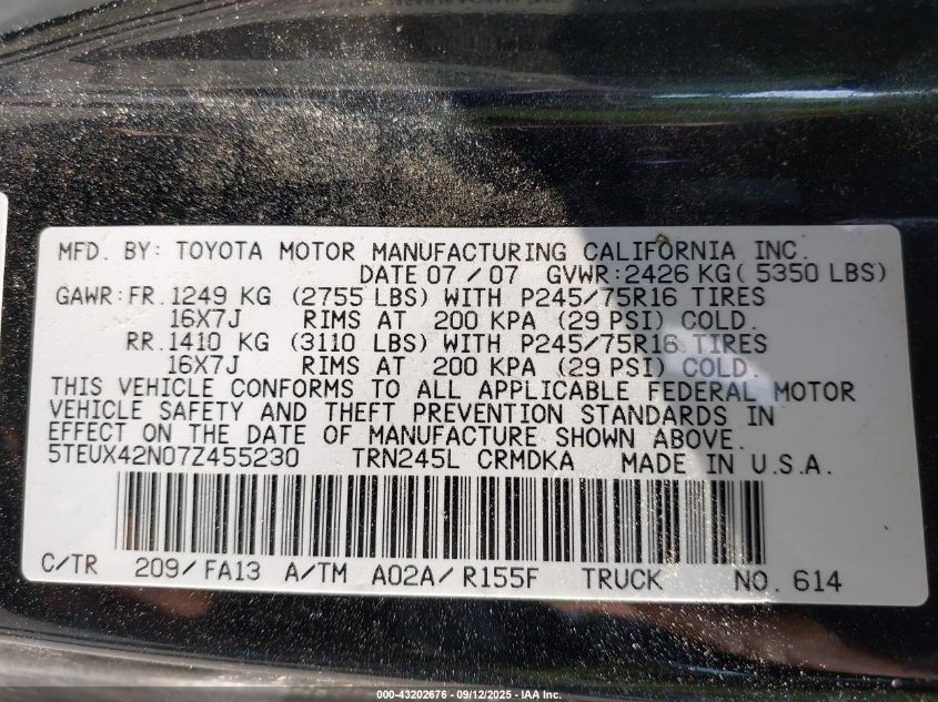 2007 Toyota Tacoma VIN: 5TEUX42N07Z455230 Lot: 43202676