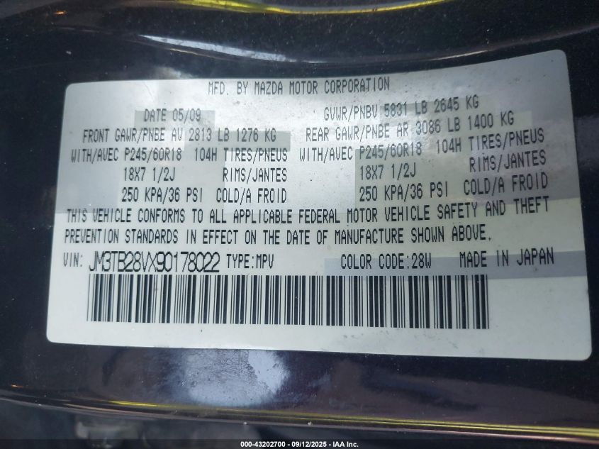 2009 Mazda Cx-9 Touring VIN: JM3TB28VX90178022 Lot: 43202700