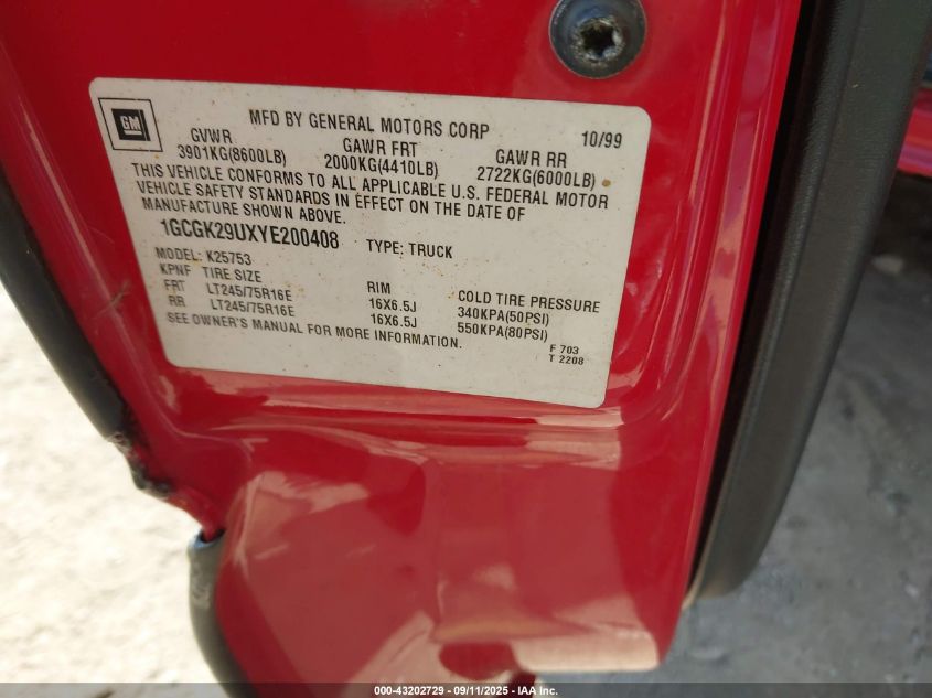 2000 Chevrolet Silverado 2500 Ls VIN: 1GCGK29UXYE200408 Lot: 43202729