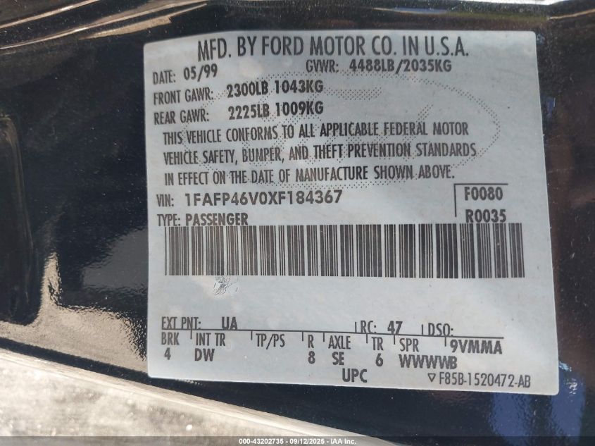 1999 Ford Mustang Cobra VIN: 1FAFP46V0XF184367 Lot: 43202735