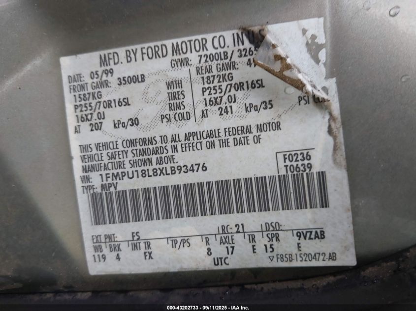 1999 Ford Expedition Eddie Bauer/Xlt VIN: 1FMPU18L8XLB93476 Lot: 43202733