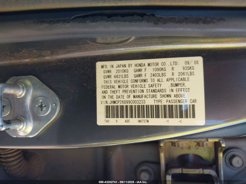 2009 Honda Accord 2.4 Ex-L VIN: JHMCP26899C003233 Lot: 43202741
