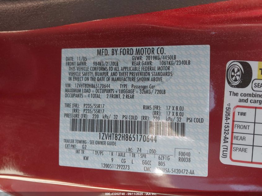 2006 Ford Mustang Gt VIN: 1ZVHT82H865170644 Lot: 43202748