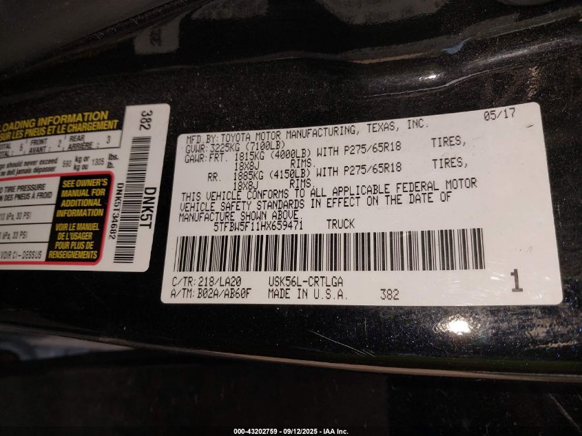 2017 Toyota Tundra Limited 5.7L V8 VIN: 5TFBW5F11HX659471 Lot: 43202759