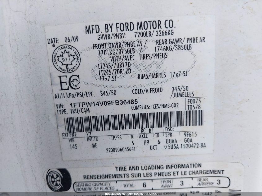 2009 Ford F-150 Fx4/King Ranch/Lariat/Platinum/Xl/Xlt VIN: 1FTPW14V09FB36485 Lot: 43202775