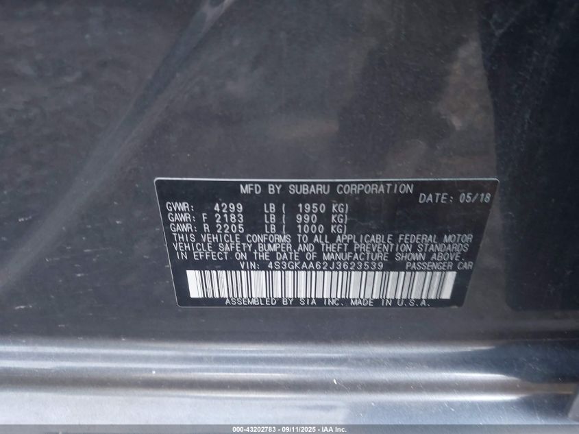 2018 Subaru Impreza 2.0I VIN: 4S3GKAA62J3623539 Lot: 43202783