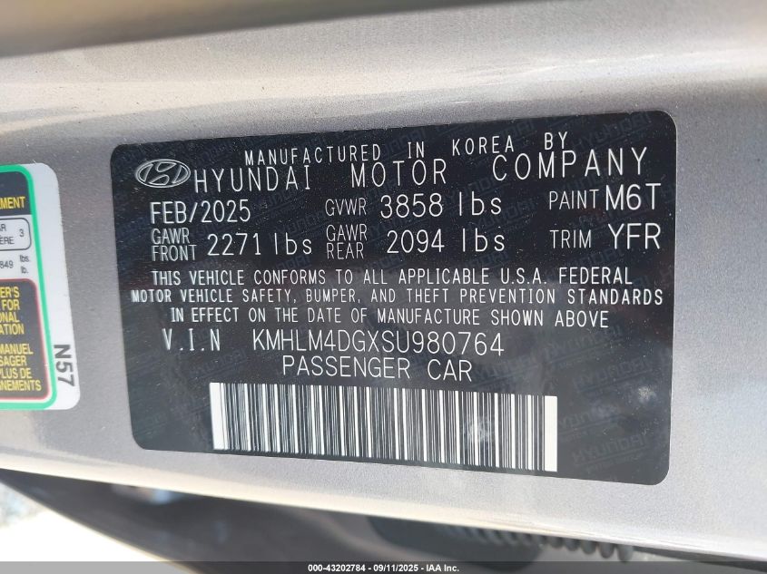2025 Hyundai Elantra Sel Sport VIN: KMHLM4DGXSU980764 Lot: 43202784