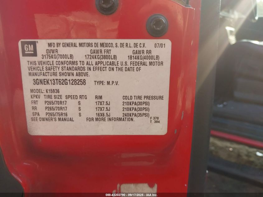 2002 Chevrolet Avalanche 1500 VIN: 3GNEK13T62G128258 Lot: 43202790