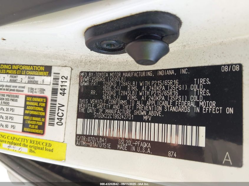 2009 Toyota Sienna Limited/Xle VIN: 5TDZK22C19F242701 Lot: 43202842