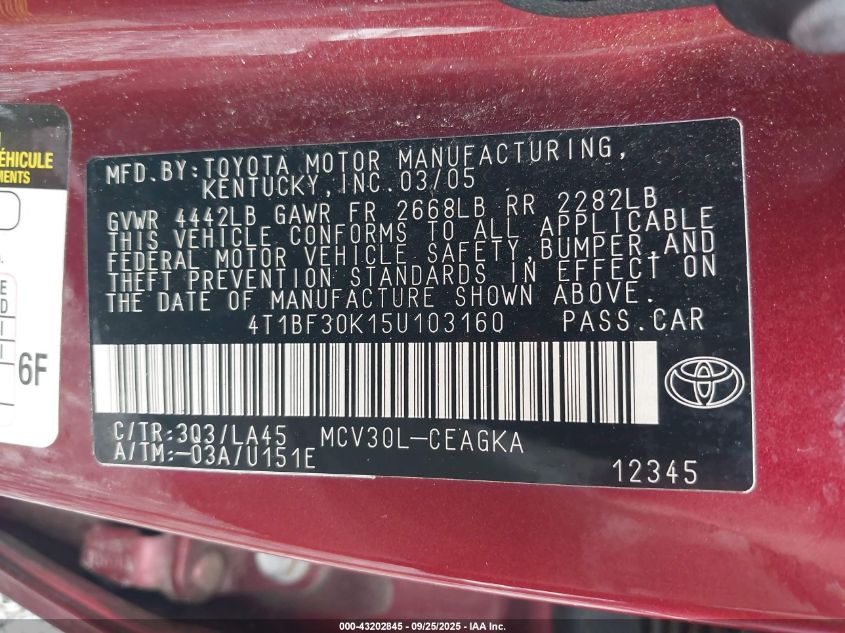 2005 Toyota Camry Xle V6 VIN: 4T1BF30K15U103160 Lot: 43202845