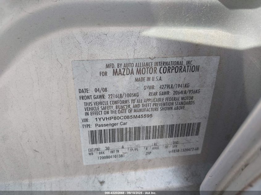 2008 Mazda Mazda6 I Sport Ve VIN: 1YVHP80C085M45595 Lot: 43202868