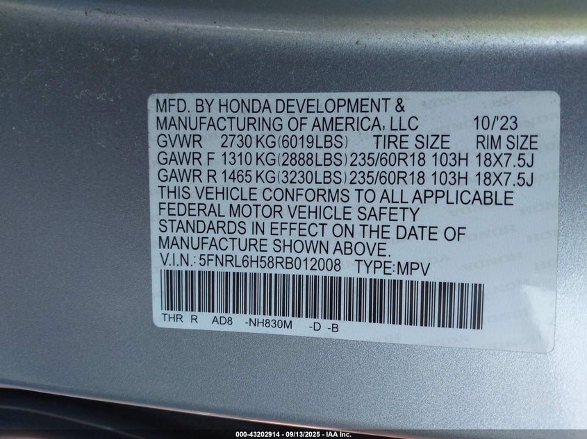 2024 Honda Odyssey Ex VIN: 5FNRL6H58RB012008 Lot: 43202914