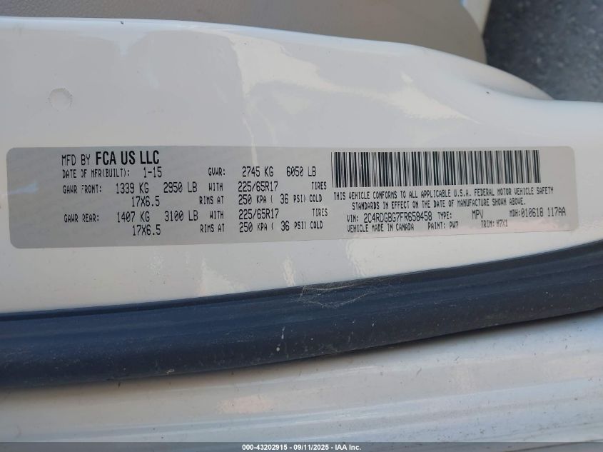 2015 Dodge Grand Caravan Se VIN: 2C4RDGBG7FR658458 Lot: 43202915