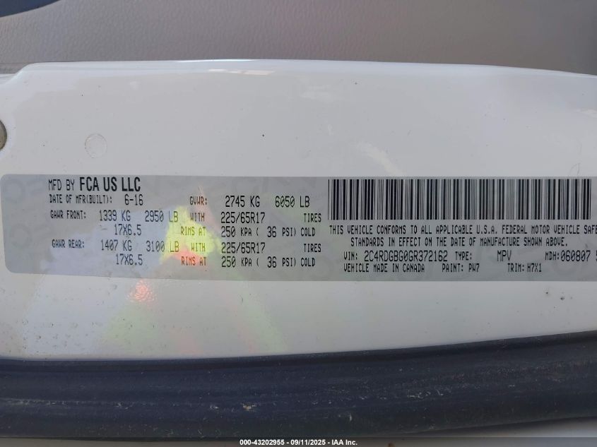 2016 Dodge Grand Caravan Se VIN: 2C4RDGBG0GR372162 Lot: 43202955