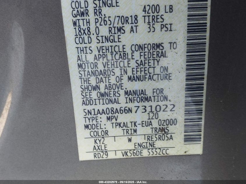 2006 Nissan Armada Se VIN: 5N1AA08A66N731022 Lot: 43202979