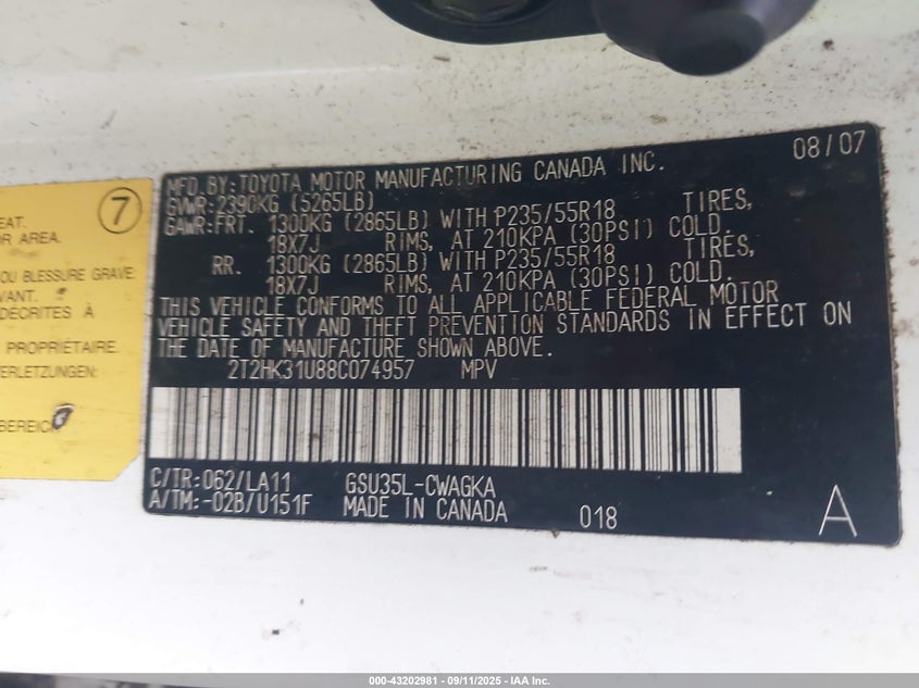 2008 Lexus Rx 350 VIN: 2T2HK31U88C074957 Lot: 43202981