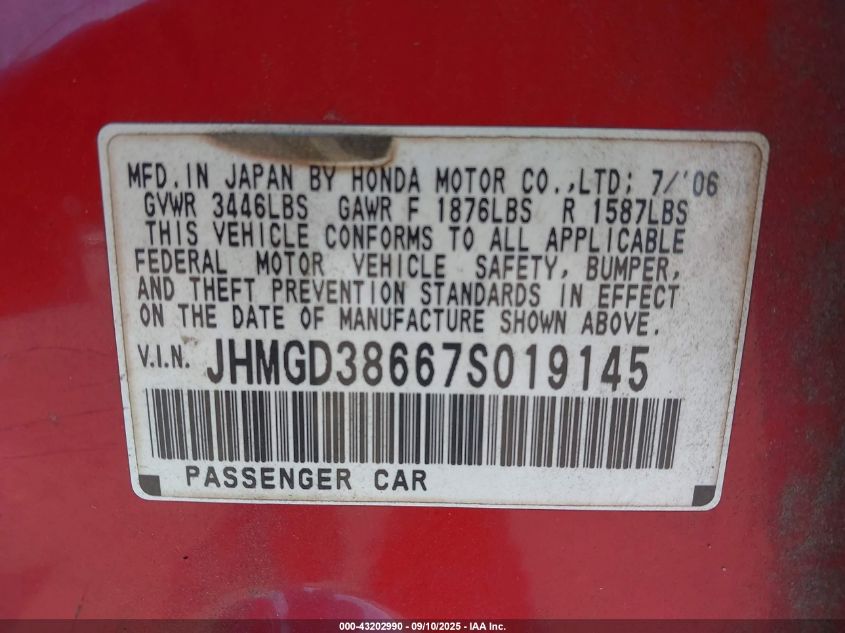 2007 Honda Fit Sport VIN: JHMGD38667S019145 Lot: 43202990