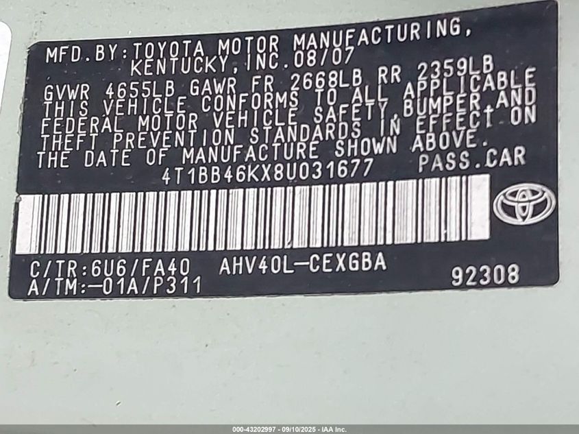 2008 Toyota Camry Hybrid VIN: 4T1BB46KX8U031677 Lot: 43202997