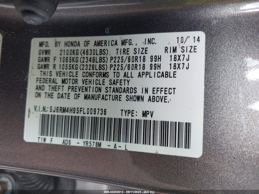 2015 HONDA CR-V TOURING - 5J6RM4H95FL009736