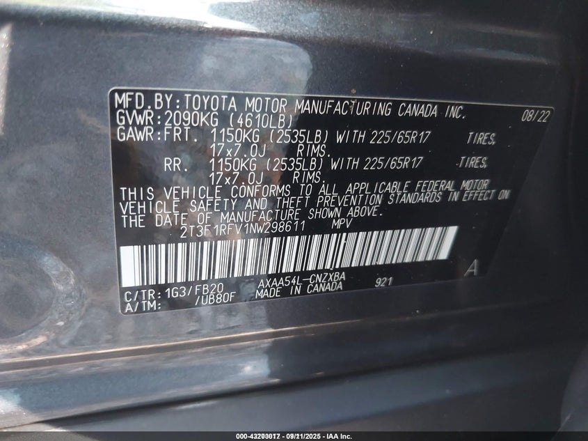 2022 TOYOTA RAV4 LE - 2T3F1RFV1NW298611