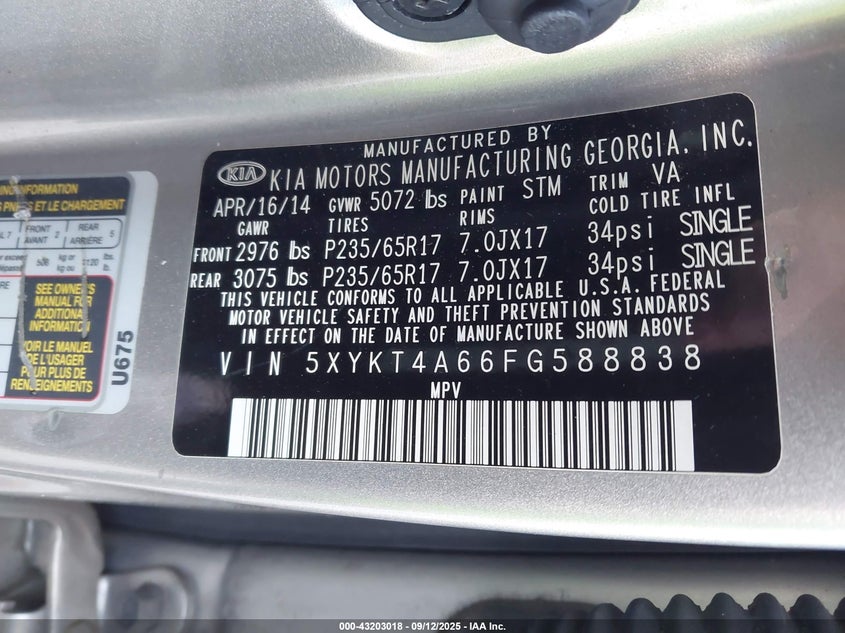 2015 Kia Sorento Lx VIN: 5XYKT4A66FG588838 Lot: 43203018