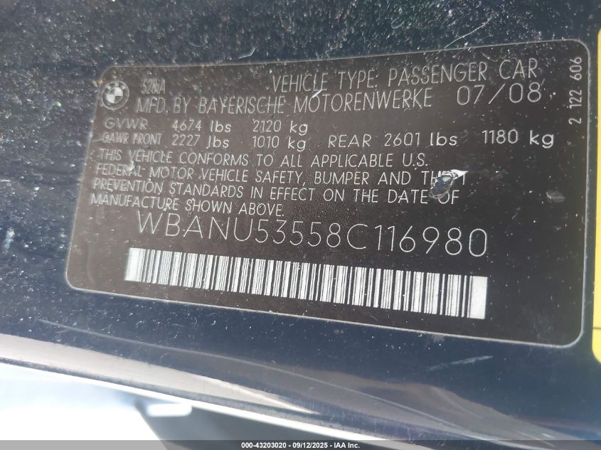 2008 BMW 528I VIN: WBANU53558C116980 Lot: 43203020