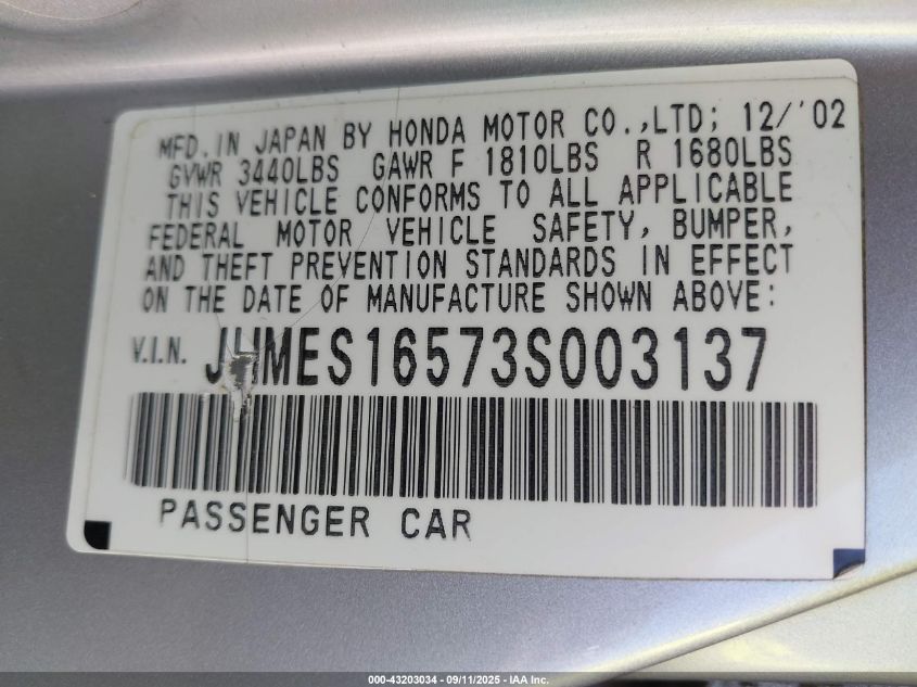 2003 Honda Civic Lx VIN: JHMES16573S003137 Lot: 43203034