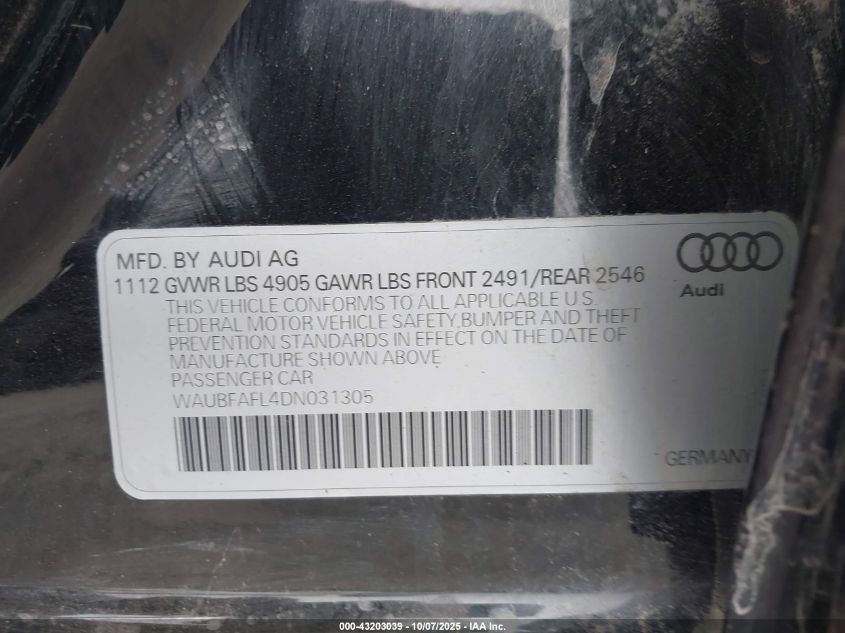 2013 Audi A4 2.0T Premium VIN: WAUBFAFL4DN031305 Lot: 43203039