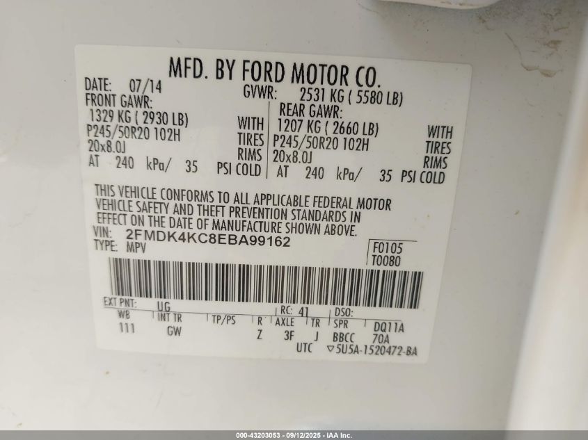 2014 Ford Edge Limited VIN: 2FMDK4KC8EBA99162 Lot: 43203053