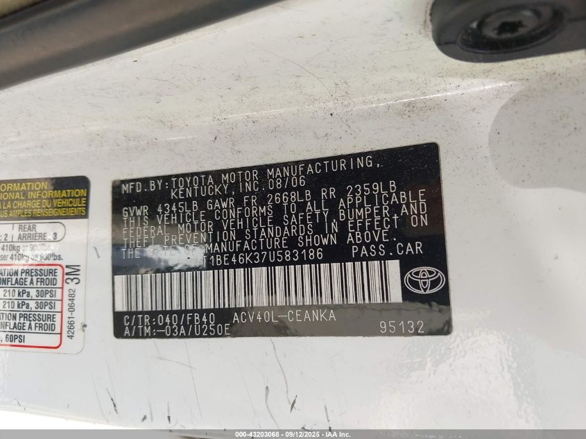 2007 Toyota Camry Le VIN: 4T1BE46K37U583186 Lot: 43203068