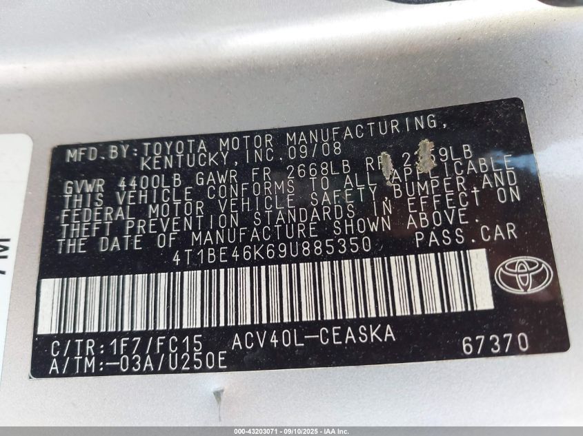 2009 Toyota Camry Se VIN: 4T1BE46K69U885350 Lot: 43203071