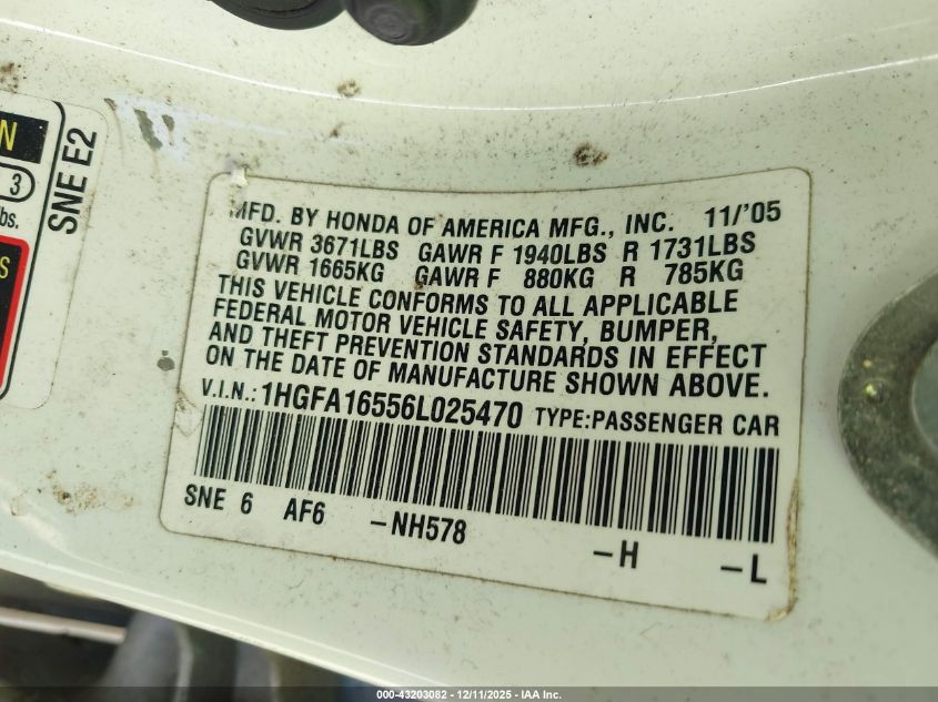 2006 Honda Civic Lx VIN: 1HGFA16556L025470 Lot: 43203082