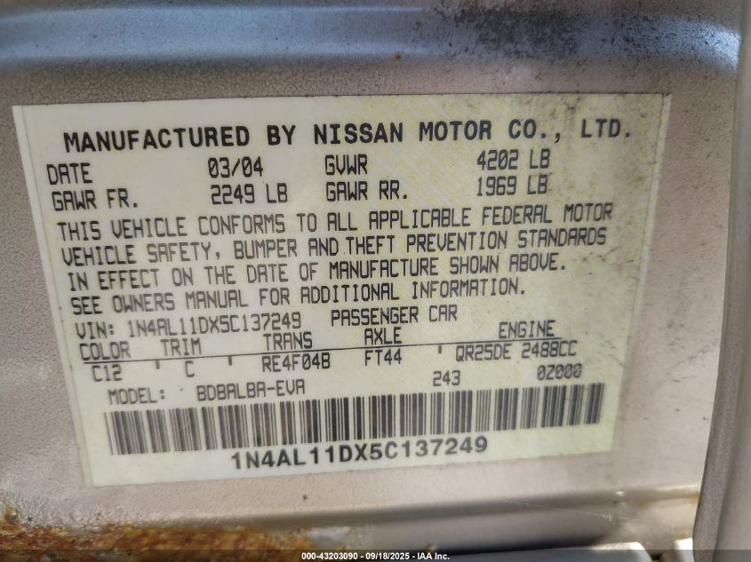 2005 Nissan Altima 2.5 S VIN: 1N4AL11DX5C137249 Lot: 43203090
