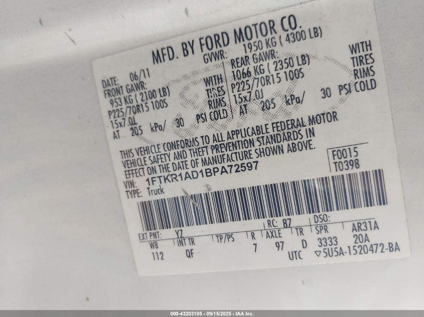 2011 Ford Ranger Xl VIN: 1FTKR1AD1BPA72597 Lot: 43203105