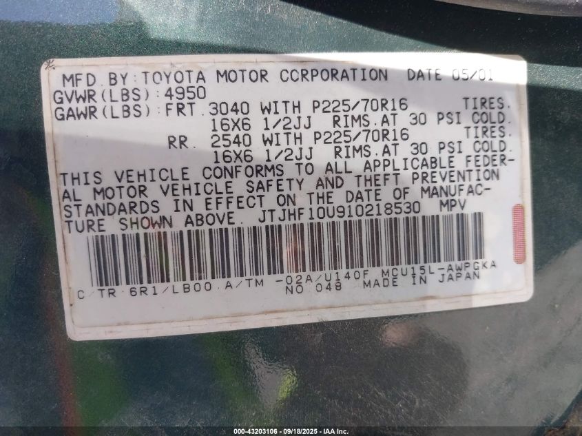 2001 Lexus Rx 300 VIN: JTJHF10U910218530 Lot: 43203106