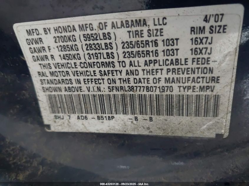 2007 Honda Odyssey Ex-L VIN: 5FNRL38777B071970 Lot: 43203128