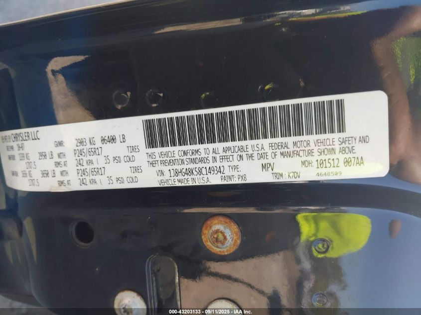 2008 Jeep Commander Sport VIN: 1J8HG48K58C149342 Lot: 43203133