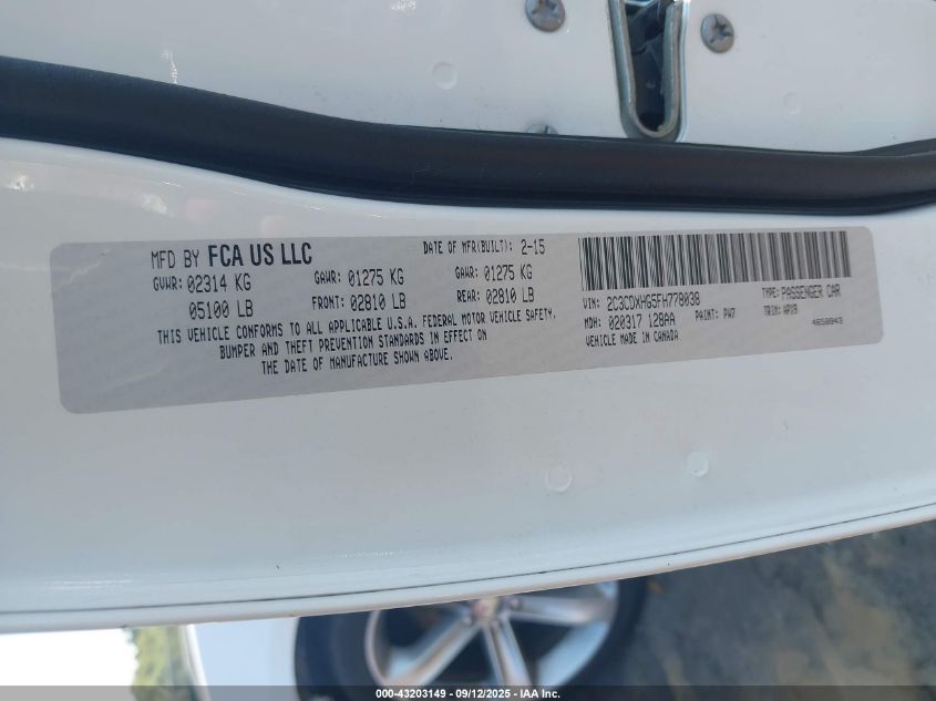 2015 Dodge Charger Sxt VIN: 2C3CDXHG5FH778038 Lot: 43203149