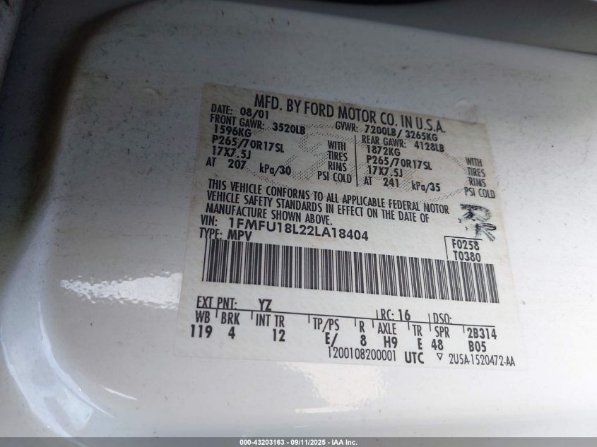 2002 Ford Expedition Eddie Bauer VIN: 1FMFU18L22LA18404 Lot: 43203163