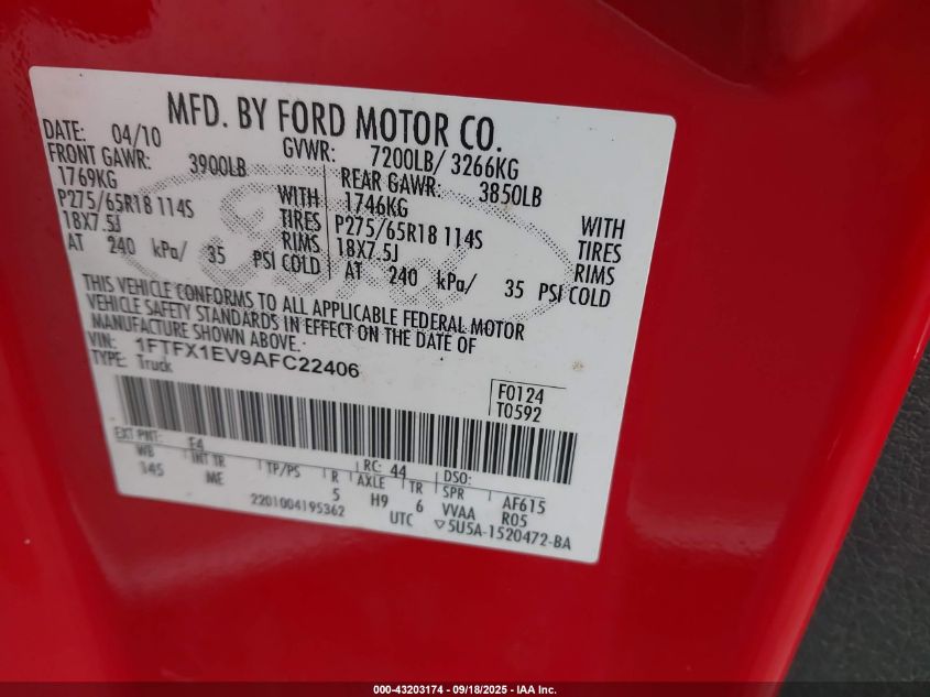 2010 Ford F-150 Fx4/Lariat/Xl/Xlt VIN: 1FTFX1EV9AFC22406 Lot: 43203174