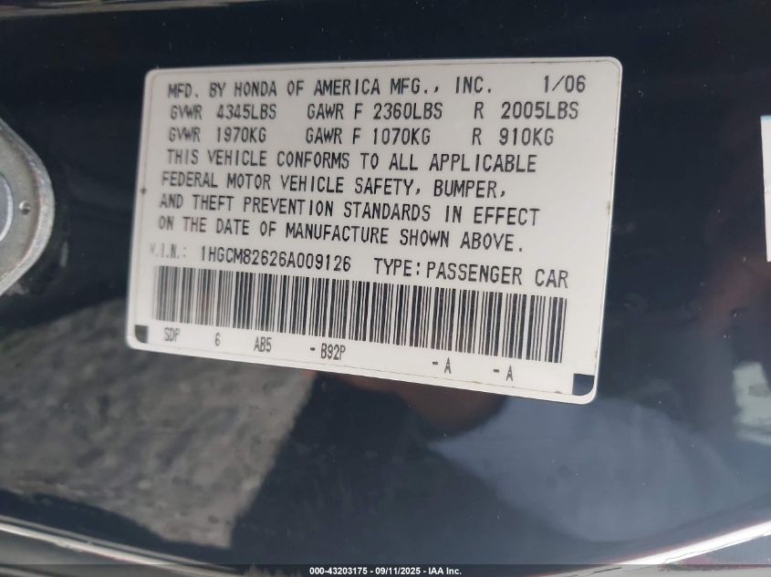 2006 Honda Accord 3.0 Ex VIN: 1HGCM82626A009126 Lot: 43203175