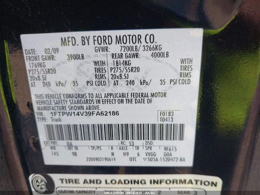 2009 Ford F-150 Fx4/King Ranch/Lariat/Platinum/Xl/Xlt VIN: 1FTPW14V39FA62186 Lot: 43203186