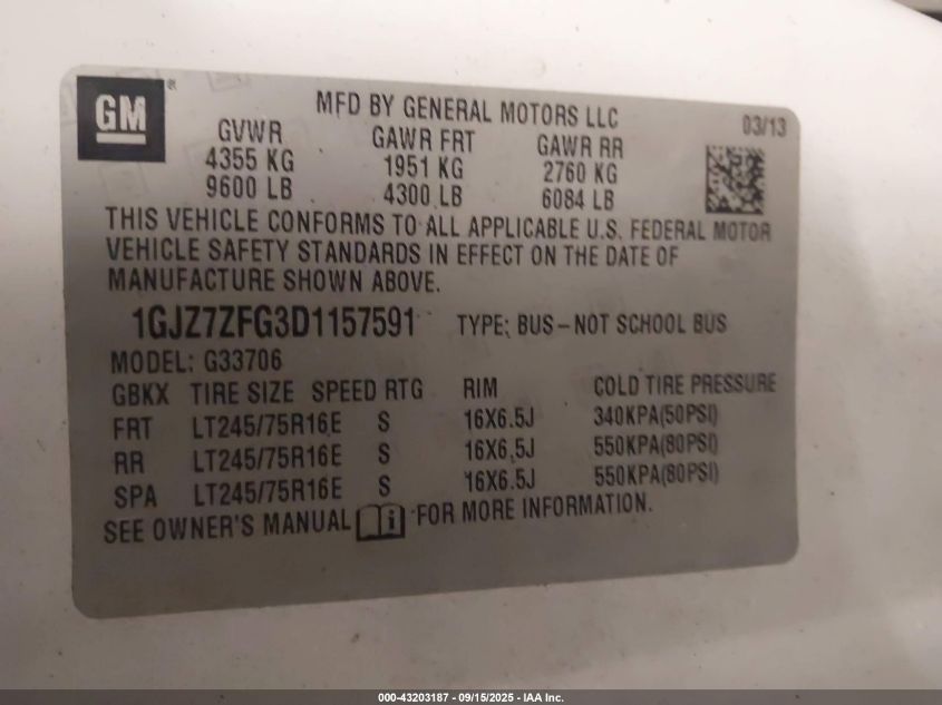 2013 GMC Savana 3500 Ls VIN: 1GJZ7ZFG3D1157591 Lot: 43203187