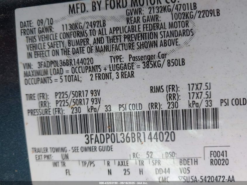 2011 Ford Fusion Hybrid VIN: 3FADP0L36BR144020 Lot: 43203190